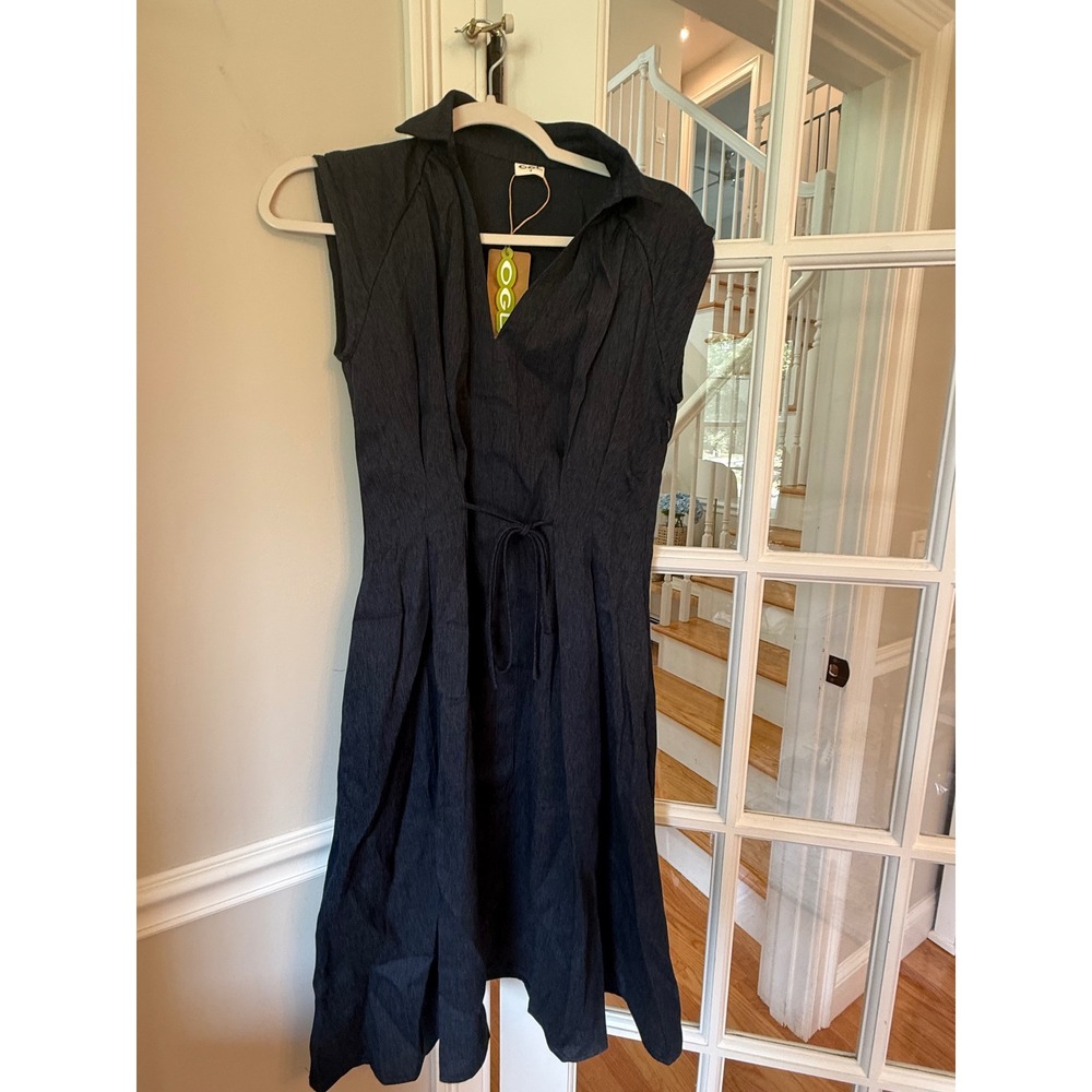 OGL Move Navy Blue Linen Blend Sleeveless Tie Waist Midi Dress Pockets S 2581W43 - Picture 4 of 7
